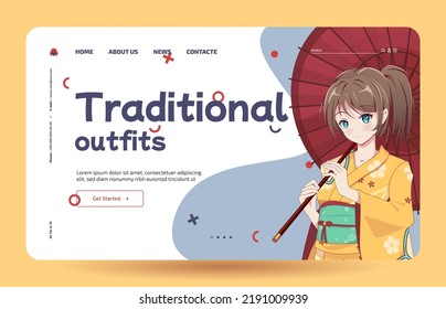 Anime manga girls in traditional Japanese kimono costume holding umbrella. Traditional outfits - Landing page template