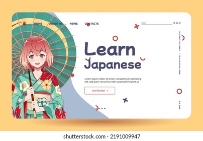 Anime manga girls in traditional Japanese kimono costume holding umbrella. Learn Japanese - Landing page template