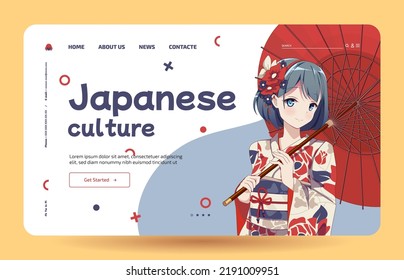 Anime manga girls in traditional Japanese kimono costume holding umbrella. Japanese culture - Landing page template