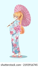 Anime Manga Mädchen in traditionellen japanischen Kimono-Kostüm halten Papier Schirm. Vektorgrafik auf isoliertem Hintergrund