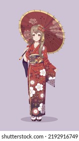 Anime Manga Mädchen in traditionellen japanischen Kimono-Kostüm halten Papier Schirm. Vektorgrafik auf isoliertem Hintergrund