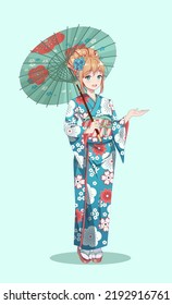 Anime manga girls in traditional Japanese kimono costume holding paper umbrella. Vector illustration on isolated background