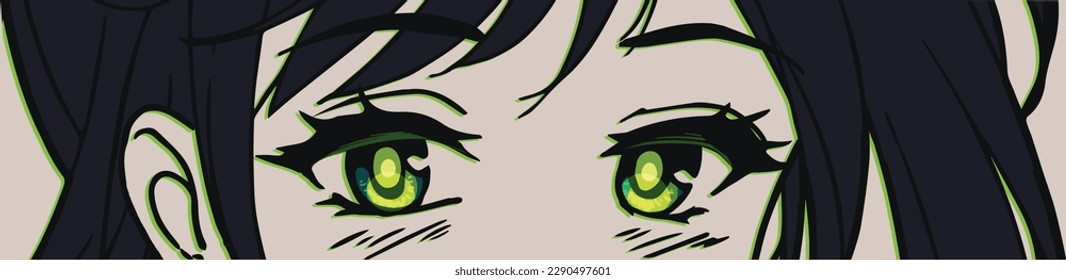 Anime manga green eyes close up. Monochrome palette. Hand drawn vector