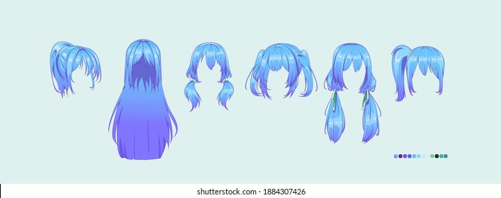 Anime manga hairstyles. Isolated blue hair set