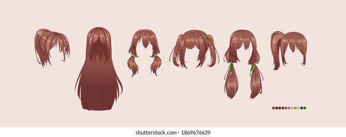 Anime manga hairstyles. Isolated brunette hair set