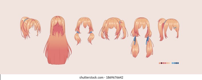 Estilos de manga anime. Conjunto de pelo pelirrojo aislado