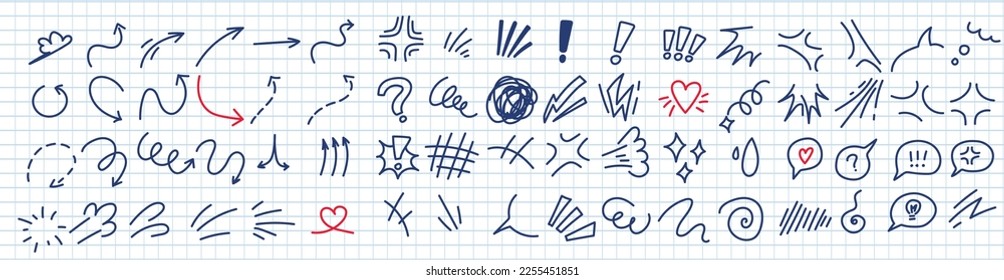 Anime manga hand-drawn with a pen in a checked notebook effect set. Collection of arrows and speech bubble. A transparent background. A vector illustration. Doodle anime icons