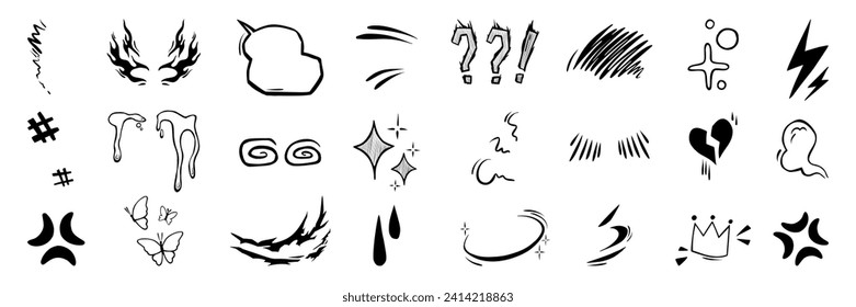 Anime manga ink drawing emotion effect element. Expression sign, speech bubble, crown, heart and butterfly shape. Character emotion vector set.