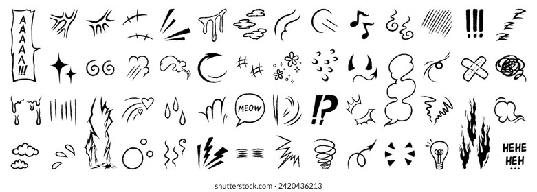 Anime manga ink drawing emotion effect element. Expression sign, speech bubble, crown, heart and fire shape. Character emotion vector set.