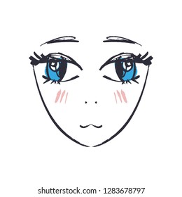 Anime or manga kawaii face hand drawn brush sketch. EPS illustration. Isolated element