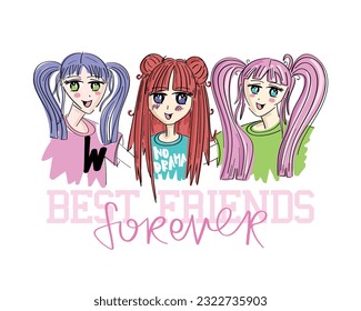 Niñas estilo Anime manga kawaii dibujando. Los mejores amigos. Diseño de ilustraciones vectoriales para gráficos de moda, estampados de camisetas, afiches.