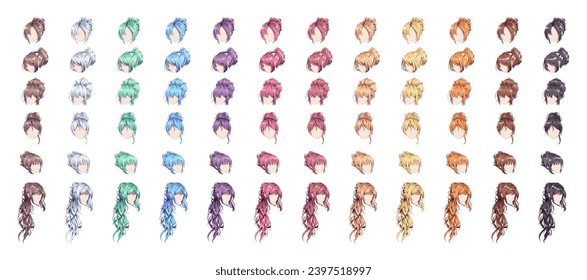 Anime manga multicolored hairstyles. Isolated hair wigs set