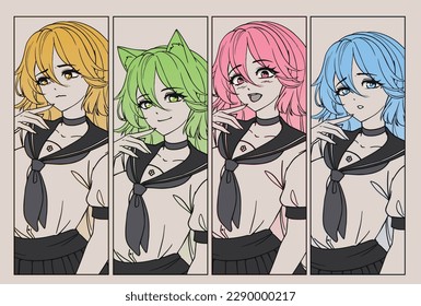 Anime manga school girls set. Monochrome palette with different hair color. Hand drawn vector poster