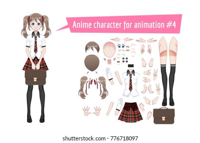 Anime manga schoolgirl in a red tartan skirt, stockings and schoolbag. Cartoon character in the Japanese style. Set of elements for character animation