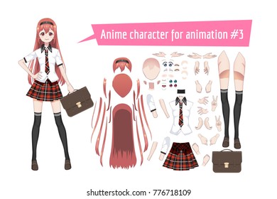 Anime manga schoolgirl in a red tartan skirt, stockings and schoolbag. Cartoon character in the Japanese style. Set of elements for character animation