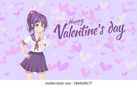 Anime manga schoolgirl in a sailor suit send air kisses. Valentine's day card. Vector illustration