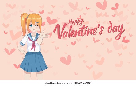 Anime manga schoolgirl in a sailor suit send air kisses. Valentine's day card. Vector illustration