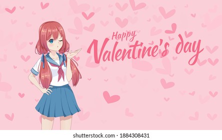 Anime manga schoolgirl in a sailor suit send air kisses. Valentine's day card. Vector illustration