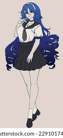 Anime manga style girl with curly blue hair wearing school uniform. Full body character vector illustration.