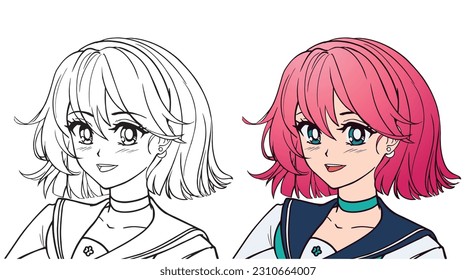 Niña estilo manga anime con uniforme escolar japonés con pelo rosado. Arte de línea de vector dibujado a mano