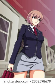 Anime or Manga style illustration of schoolgirl in school uniform.