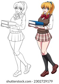 Ilustración estilo anime o manga de una colegiala con uniforme escolar sosteniendo libros de fondo blanco.