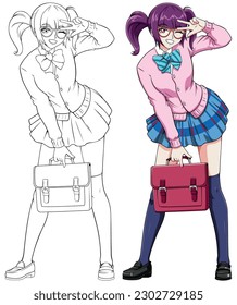 Anime or Manga style illustration of schoolgirl in school uniform holding her backpack on white background.