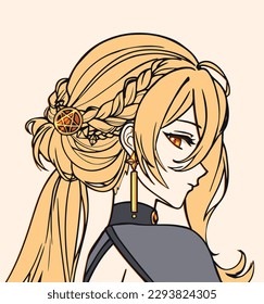 Anime manga style woman. Profile picture with red eye and blonde hair. Hand drawn vector avatar