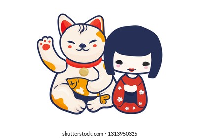 Anime Manga styled vector illustration: kawaii japanese teen girl and maneki neko lucky cat isolated. Cute Kokeshi doll and Maneki Neko beckoning kitty as a charm symbol of luck and Japan.