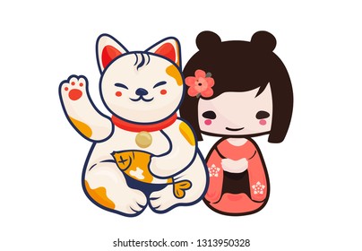 Anime Manga styled vector illustration: kawaii japanese teen girl and maneki neko lucky cat isolated. Cute Kokeshi doll and Maneki Neko beckoning kitty as a charm symbol of luck and Japan.