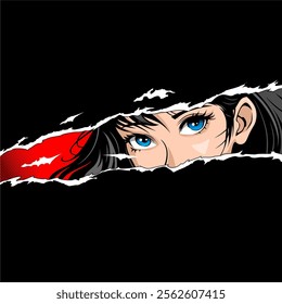 Anime manga woman's eyes looked up from the paper tears. Vector hand drawn.