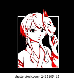 Anime and mask design vector , anime design for tshirt . Black and white