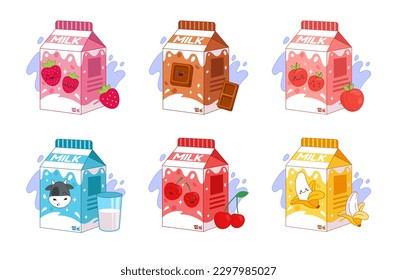 Anime milk box. Fruit and berry juice packages. Kawaii Japanese characters. Adorable manga doodles for Asian food. Breakfast drink. Cardboard bottles set. Vector tidy cartoon illustration