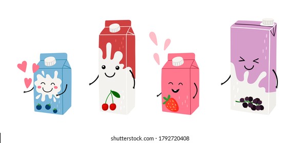 Anime milk juice. Cute japanese drink boxes, dairy with fruit and berries. Adorable asian style breakfast vector illustration