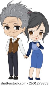 Anime Old Couple Chibi Character Vector