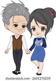 Anime Old Couple Walking Holding Hands Chibi Character Vector