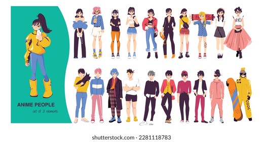 Anime people set of flat isolated manga teenagers wearing various stylish outfits vector illustration