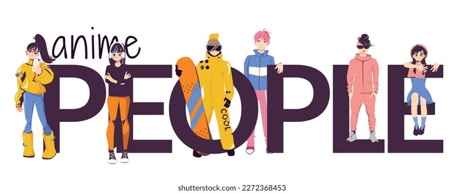 Anime people text in flat style with trendy asian teen characters on white background vector illustration