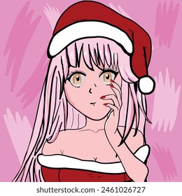 Anime pink hair and pink background. Christmas party design illustration