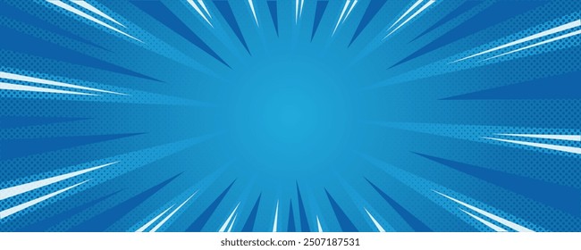 Anime pop art cartoon starburst blue background, dotted texture and explosion effect or sunburst, halftone gradient, fun and exciting comic template frame.