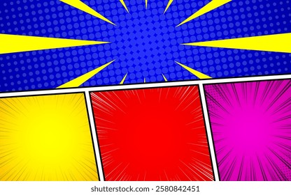 Anime pop art cartoon starburst background, explosion or sunburst effect, halftone gradient, fun and attractive comic template frame.