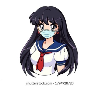 Retrato animado de una linda chica con el pelo largo negro y con máscara médica y uniforme escolar japonés. Ilustración vectorial dibujada a mano aislada en blanco.