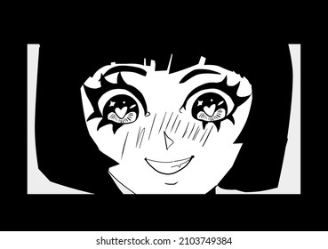 Anime poster with Kawaii girl face in manga style. Black and white character for tattoo or t-shirt print.