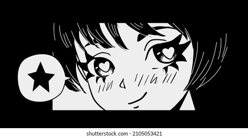 Anime poster with Kawaii girl face in manga style. Black and white character for tattoo or t-shirt print.