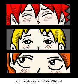 Anime poster. Kawaii winking face set with big eyes in manga style. T-shirt