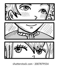 Anime poster. Kawaii winking face set with big eyes in manga style. T-shirt
