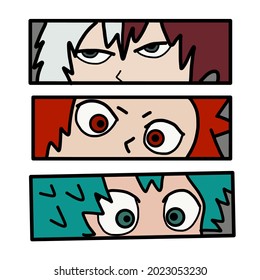 Anime poster. Kawaii winking face set with big eyes in manga style. T-shirt
