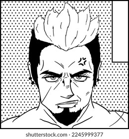 Anime poster. Man's face with vivid facial expression and big eyes in manga style. Black and white vector design for t-shirt print or tattoo. Character with superpowers