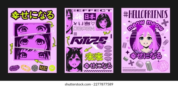 Anime posters, manga prints for typography with girls faces and y2k elements. Japanese slogan text with abstract shapes. Anime, manga, asian girls illustration for t-shirt, typography, streetwear.