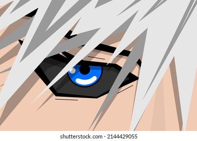 Anime pretty boy face with blue eye and grey hair. Manga hero art background concept. Vector cartoon look eps illustration